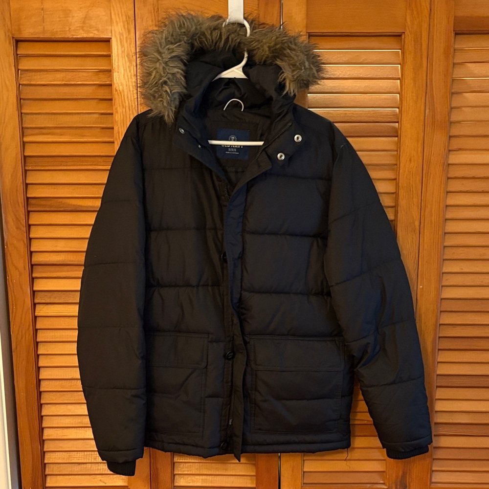 Old Navy Men's Black Puffer Jacket with Faux Fur Trim